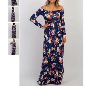 NWT PinkBlush Navy Floral Off Shoulder Maxi Dress